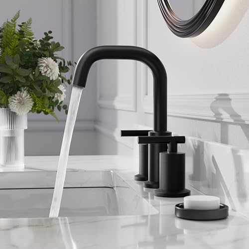 Phiestina Widespread 8 Inch 3 Holes 2 Handles Bathroom Sink Faucet with Full-Copper Pop Up Drain and Valve, Matte Black Finish,WF002-1-MB