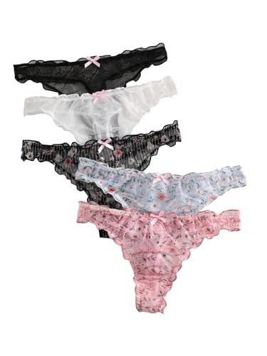 Image of SHENHE Women's 5 Packs Floral Lettuce Trim Bow Low Rise Cute Thong Panties Underwear