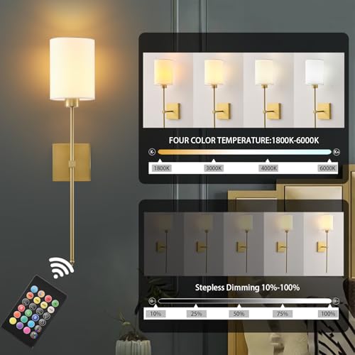 Image of Battery Operated Wall Sconce Set of Two,Wireless Rechargeable Wall Lights With Remote Control, Dimmable,4 CCT,RGB,Timer,Cordless Decor Lighting for Living Room, Bedroom, Entryway,Gold, 26.8 Inch