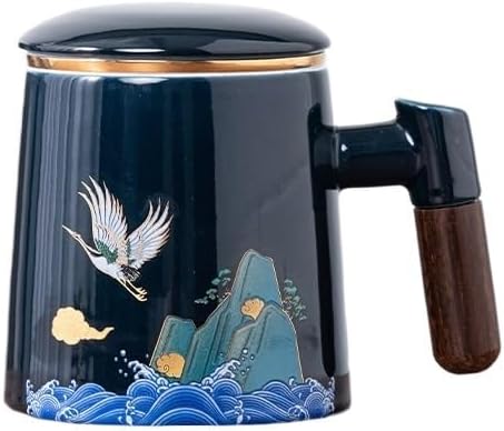 Tea Cup Ceramic Brewing with Lid Water Separation Filter Creative Wooden Handle Office Cups Soaking Container(A)