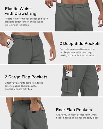DOWMQ Men's Cargo Pants Stretch Sweatpants Elastic Drawstring Casual Workout Joggers Hiking Tactical Pants with 6 Pockets Dark Gray,XL