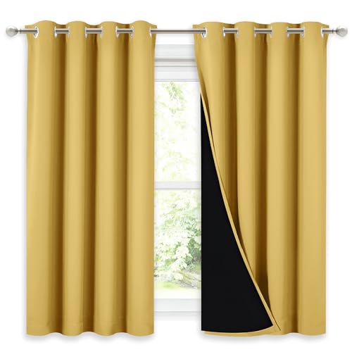 Image of NICETOWN 100% Blackout Curtains with Black Liners, Thermal Insulated Full Blackout 2-Layer Lined Drapes, Noise Cancellation Window Drapes for Dining Room (Bright Yellow, 2 Panels, 52 inch W by 54 inch L)