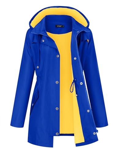 LOMON Women Rain Jacket Waterproof Hooded Jackets Women Printed Lined Trench Coats Outdoor Hiking Raincoat(Royal Blue with Yellow Lining XL)