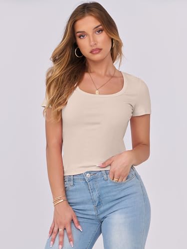 ANRABESS Women Short Sleeve Tops Scoop Neck Ribbed Knit Slim Fitted Basic Tee Shirts Casual Summer Clothes 2025 Fall Outfits - Image 3