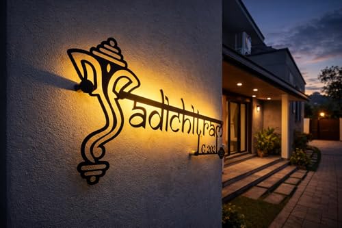 Image of Customized Stainless Steel LED Ganesha Name Plate With House Number for Home Entrance, Flat, House Doors, Stylish, Outdoor & Indoor, Waterproof (15 inch)