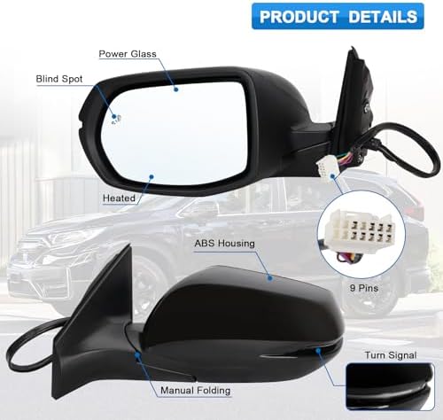 Left Driver Side Mirror Fits for 2017-2022 Honda CRV With Manual Folding Power Glass Heated Blind Spot Turn Signal Match Black Replace 76251T1WA01ZF(9Pins) - 1