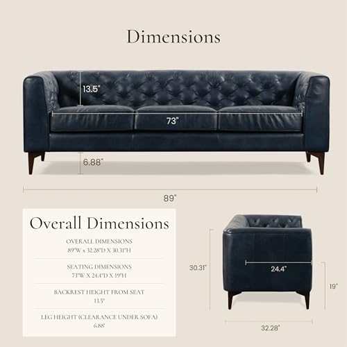Image of POLY & BARK Essex 89 inch Full-Grain Italian Leather Sofa - Tufted Back, Feather-Down Comfort, Solid Wood Frame, Midnight Blue