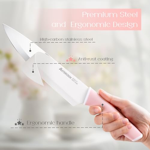 Astercook Knife Set, Kitchen Knives Set with Block and Sharpener Ceramic Coating 15 Pcs German Stainless Steel Knives Sharp Blade Dishwasher Safe Knife Block Set with Ergonomic Handle, Crystal Pink Astercook Knife Set, Kitchen Knives Set with Block and Sharpener Ceramic Coating 15 Pcs German Stainless Steel Knives Sharp Blade Dishwasher Safe Knife Block Set with Ergonomic Handle, Crystal Pink - Image 3