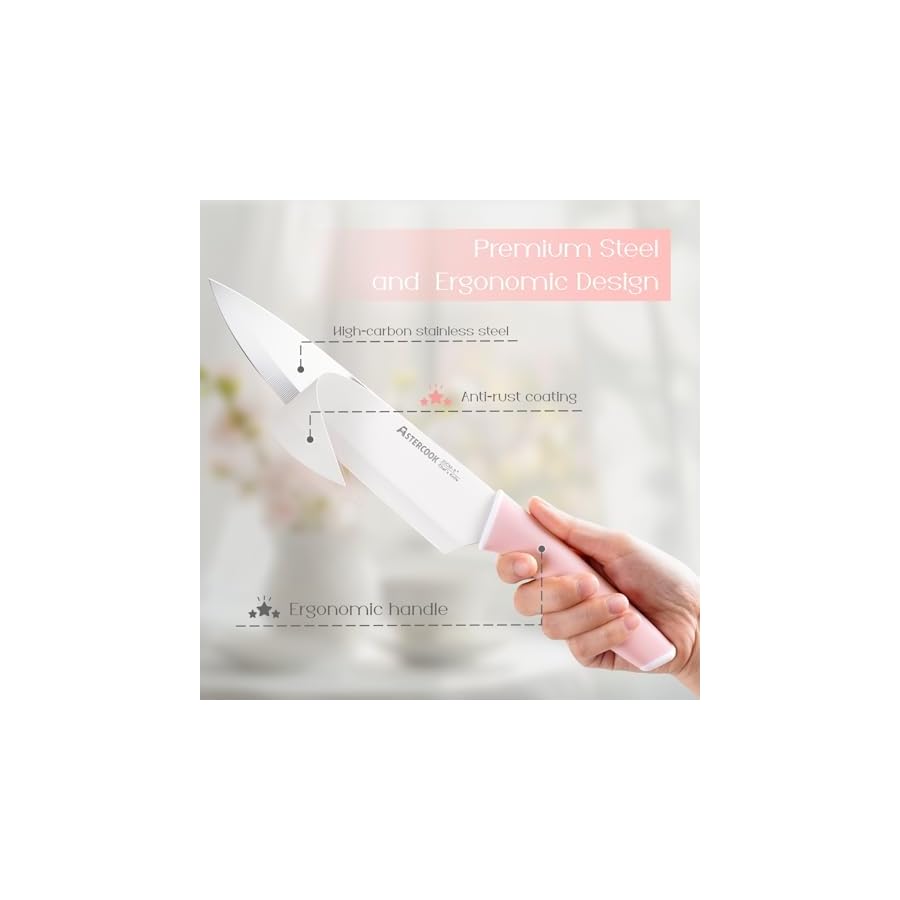 Astercook Knife Set, Kitchen Knives Set with Block and Sharpener Ceramic Coating 15 Pcs German Stainless Steel Knives Sharp Blade Dishwasher Safe Knife Block Set with Ergonomic Handle, Crystal Pink