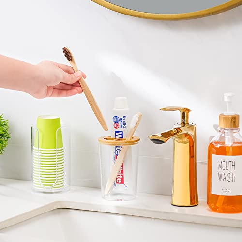 Vitviti 4 Pack Bamboo Bathroom Accessories Set, Clear Toothbrush Holder 17Oz Mouthwash Dispenser With Cup Holder, Floss/Cotton Swab/Ball Canister, Plastic #TOP1
