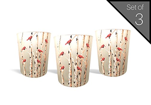 Cardinal Candle Votive Holders - Set Of 6 - Frosted Glass - Red Cardinals On Birch Tree Branches - 6 Led Tealight Candles Included #TOP4