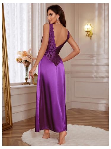 Image of WDIRARA Women's Satin Sleepwear Nightgown | Lace, Backless, Deep V Neck, Sleeveless, Long