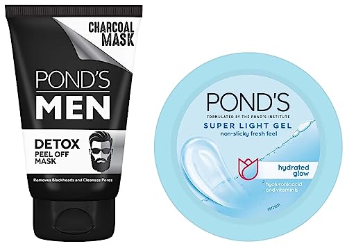 Image of POND'S Men Charcoal Blackhead Removal Detox Peel Off Mask, Removes Oil & Lifts Dead Skin Cells, Deep Pore Cleansing, Brightens Skin, 75g & POND'S Super Light Gel Oil Free Face Moisturizer 100 ml