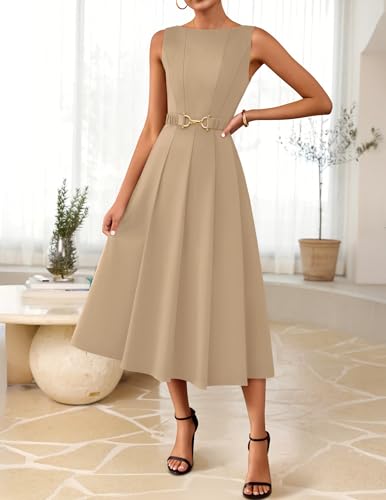 Image of ZESICA Women Summer Sleeveless Midi Dresses 2026 Elegant Boat Neck A Line Tie Waist Spring Cocktail Party Dress
