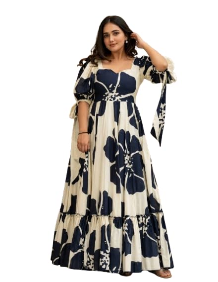 Women's Green Floral Printed Maxi Gown | Square Neck Puff Sleeve Tie-Up Long Flared Gown | Casual, Party, Vacation for Women-image-26
