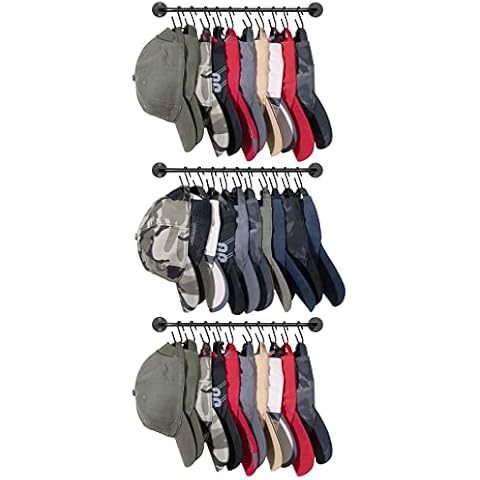 Mkono Set of 3 Hat Rack for Wall Baseball Cap Organizer Holder with 30 Hooks Modern Metal Hat Storage Display Rack Wall Mount Cowboy Hat Hooks Rack for Closet Bedroom Organize Cover