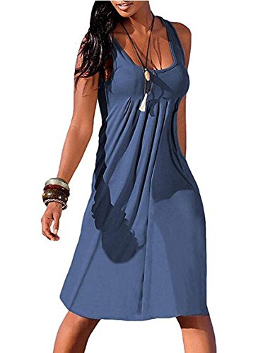 Image of Camisunny Women Casual Loose Tank Dresses Sleeveless Beach Vacation Dress Swing Pleated U Neck Fashion Soft