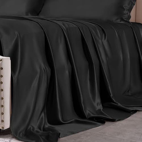 Thxsilk Silk Sheet Set 4 Pcs, 25 Momme 100% Top Grade Natural Mulberry Silk Bed Sheets, Luxury Bedding Sets -Ultra Soft Durable, 1 Fitted Sheet, 1 Flat Sheet And 2 Pillow Shams (Queen, Black) #TOP1