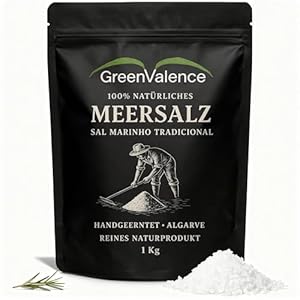 GreenValence Sal Marinho Tradicional – 100% Natürliches grobes Meersalz aus der Algarve, Handgeerntet, Unraffiniert, Reich an Mineralien, Ohne Zusätze, Premium Gourmet Salz für Küche & Grill (1000g)