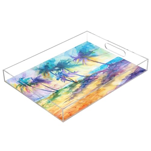BOESI Watercolour Palm Tree and Sea Pattern Acrylic Decorative Dining Tray, Acrylic Decorative Tray Organizer with Handle for Kitchen, Dining Room, Bathroom, Dresser