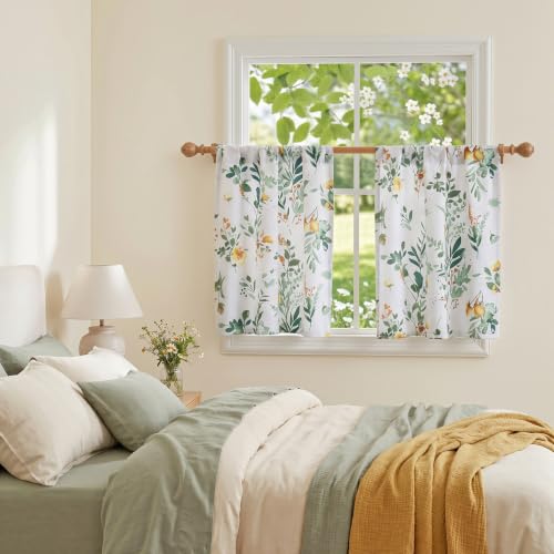 Image of MYSKY HOME Floral Kitchen Tier Cafe Curtains 36 Inch Length 2 Panels Privacy Small Window Treatments Rod Pocket for Bathroom Basement, Yellow and Green, 30 inch Wide Each Panel