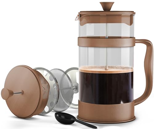 Utopia Kitchen Cafetera de espresso y té de prensa francesa de 50 onzas con filtros triples, émbolo de acero inoxidable y vidrio de borosilicato resistente al calor, color marrón