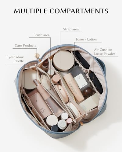 Image of EACHY Travel Makeup Bag, Large Capacity Cosmetic Bag for Women, Waterproof PU Leather, Flat Open Portable Toiletry Bag for Skincare, Brushes & Travel Essentials