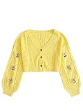 Romwe Women's Cable Knit Open Front Cardigan Button Down V Neck Crop Sweater Yellow M