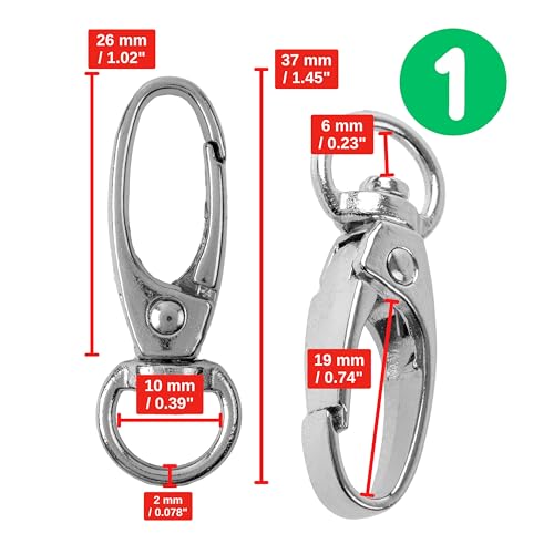Karabinerhaken mit Drehverschluss, 12 Stück, 10 mm D-Ring mit Karabiner Haken, Taschenkarabiner 360° Grad drehbarem Ösenring, Metall Gurtschnalle mit Haken zum Basteln, Tragegurt Karabinerverschluss