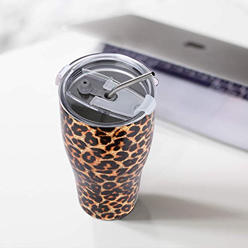 30 Oz. Tumbler Double Wall Stainless Steel Vacuum Insulation Travel Mug With Crystal Clear Lid And Straw, Water Coffee Cup For Home,Office,School, Ice Drink, Hot Beverage,Leopard,Slim #TOP6