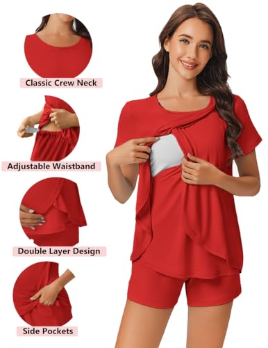 Image of Ekouaer 3 PCS Maternity Nursing Pajamas Set Postpartum Breastfeeding PJS | 3-Piece Set, Including Short Sleeve Shirts, Pregnancy Shorts & Pants, Buttery Soft, Skin-Friendly Feel