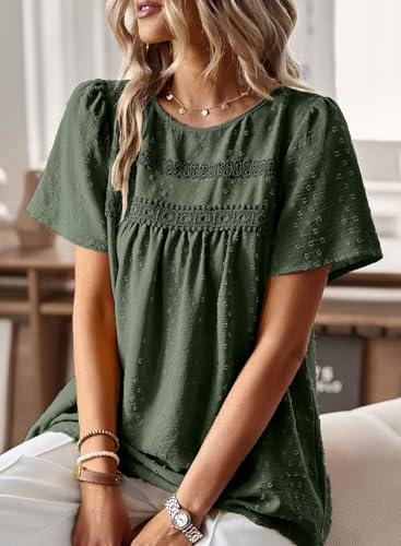 Image of Falechay Womens Summer Tops Crewneck Short Sleeve Shirts Casual Chiffon Blouses Flowy Lace Hem Boho Clothing Trendy 2026