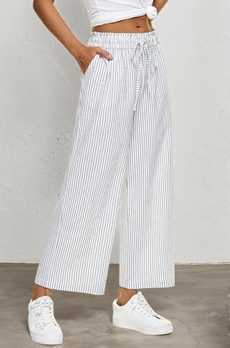 Image of LNX Womens Linen Capri Pants Wide Leg High Waisted Drawstring Casual Cropped Pants with Pockets