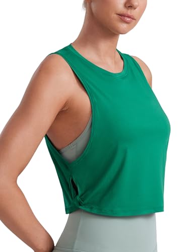 CRZ YOGA Pima Cotton Summer Gym Sleeveless Vest Tops for Women Light Elastic Running Crop Top Loose Crew Neck Yoga Shirt Cascadia Green 10