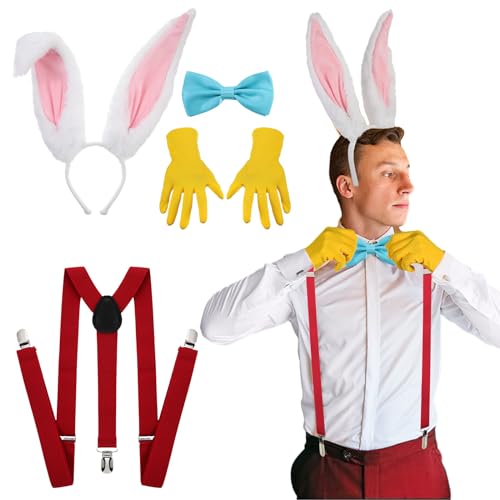 Suhine 4 Pcs Halloween Bunny Rabbit Costume Men Bunny Ear Headband Bow Tie Glove Y Back Adjustable Suspender for Adult Cosplay
