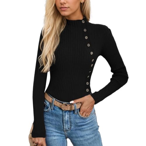 EMOTTOS Jersey de Punto por Cable para Mujer, Suéter Ligeros con Botón Lateral, Jerséis Tipo Jersey con Escote Medio Alto, Sudaderas de Estilo Vintage a Rayas para Mujer, Negro, XL