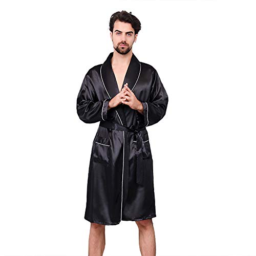 LZJDS The New Men's Nightgown Summer Thin Pajamas Home Sleepwear Long Sleeved Imitation Silk Kimono Bathrobe Dressing Gown Black,black 1,4XL