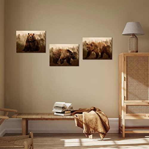 Ouelegent Brown Bear Canvas Wall Art Forest Animal Art Print Painting Picture 3 Pieces Stretched And Framed For Living Room Bedroom Bathroom (Small) #TOP3