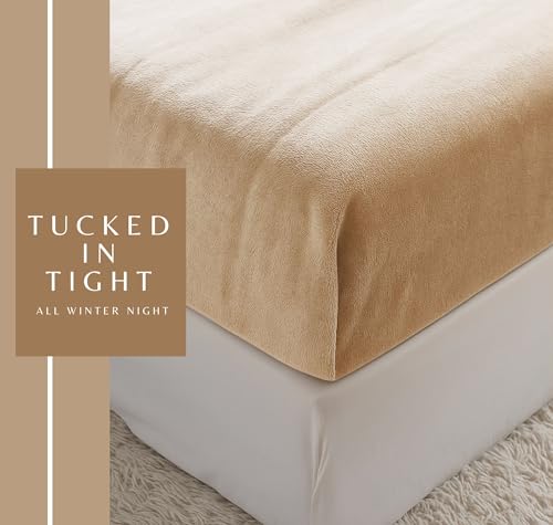 Image of VAS COLLECTIONS Luxury Warm Winter Elastic Fitted Bedsheet with 2 Pillow Covers - Ultra Soft Flannel Velvet Touch, Cozy & Wrinklefree lintfree Size - 78x72+10 Inches (Beige)