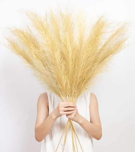 MUUNC 9 Pcs 45" Tall Pampas Grass Gold Decor, Long Stem Artificial Flower Floor Vase Large Faux Floral Pompas Fake Plants Dried Bouquet Arrangement Vase Filler for Boho Home Wedding Decoration