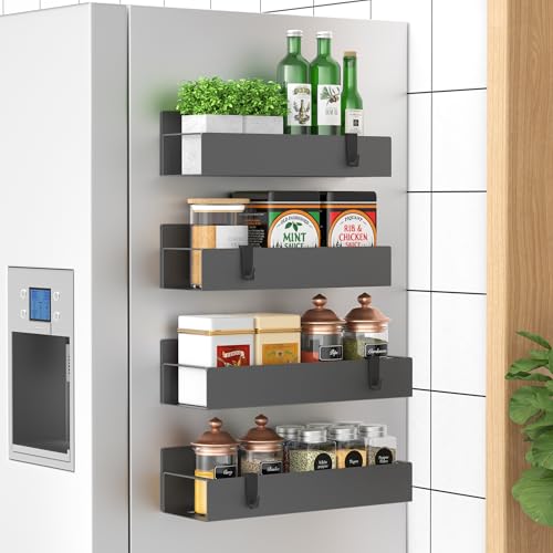 Image of HuggieGems Metal Magnetic Spice Rack for Refrigerator Dark Gray, 4 Pack | Magnetic Shelves Heavy Duty for Fridge in Kitchen, Seasoning Storage Organizer, For Oven Washer and Dryer, For Heavier Items