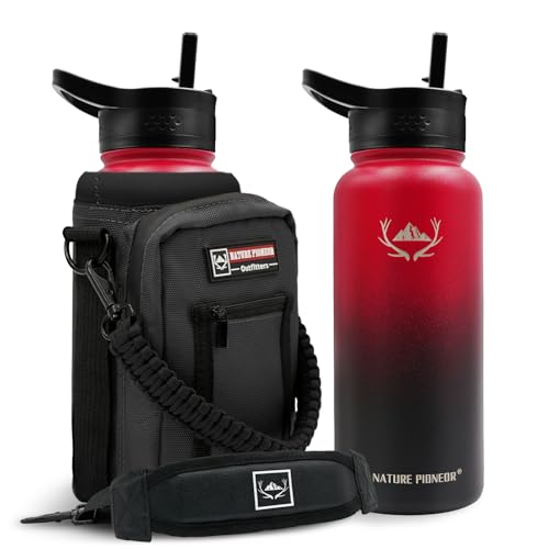Image of NATURE PIONEOR 32 oz Insulated Water Bottle with Carrier Bag & 3 Lids