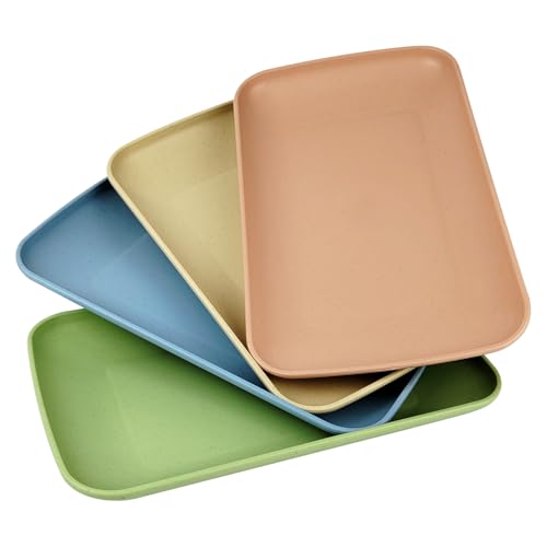 WANGSHIQI Wheat Straw Plates 4 Pack Rectangular Dinner Plates Dinner Dishes Lightweight Plates Salad Plate for Kitchen Camping - BPA Free (4 multicolour)