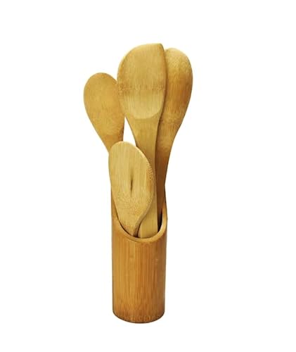Jogo 4 Peças Utensilios Colheres Bambu Orgânico + Suporte para Cozinha