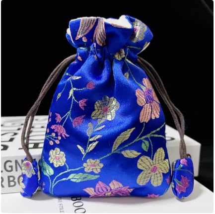 Only My Live Home Drawstring Large Jewelry Storage Bags with Velvet Lining, Chinese Silk Brocade Pouch, Long Necklace Sweater chain Packaging Pouches 5.7x 7.3 inch (5, blue)