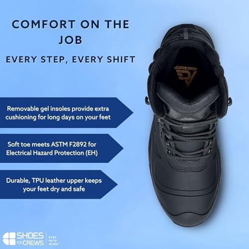 Shoes for Crews ACE Fargo II, Men's Soft Toe (ST) Work Boots, Slip Resistant and Waterproof, Black, Size 7.53