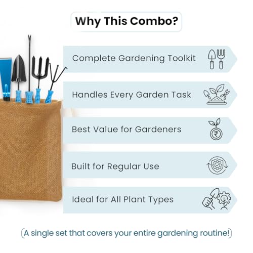 Image of IFFCO Urban Gardens 6-Piece Gardening Tool Kit | Gloves with Claws, Khurpi, Transplanter, Weeder, Cultivator & Garden Fork | Complete Set for Home & Terrace Garden