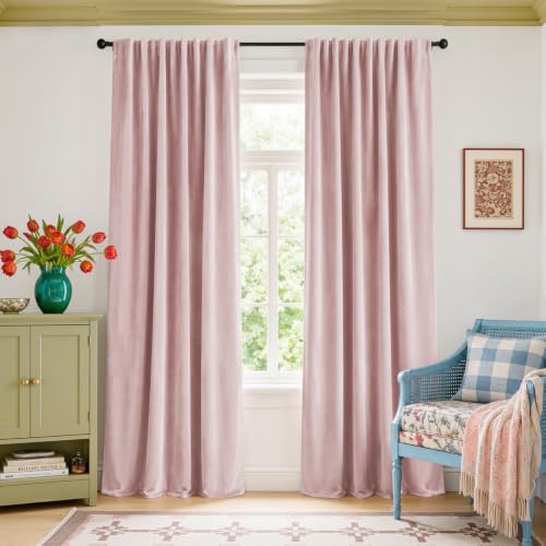 Image of Extra Long Pink Velvet Curtains Rod Pocket 52x108 Inch 2 Panels | Soft Velvet, Room Darkening, For Tall Windows & High Ceilings, Light Shifting Texture, Elegant Drape, Soft Luxury