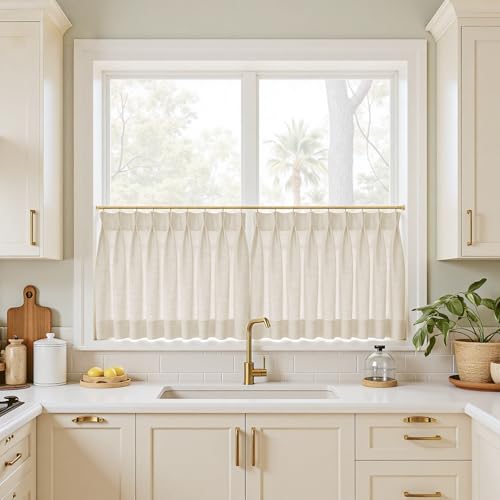 Image of TWOPAGES 42 inch inch W x 45 inch inch L Linen Blend Cafe Curtains for Kitchen Window, Light Filtering Pinch Pleated Tier Curtains, Modern Farmhouse Half Window Curtains for Bathroom, Sand Beige, 2 Panels