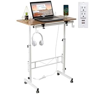SIDUCAL Standing Desk Height Adjustable with Tiltable Tabletop, Rolling Laptop Desk with Charging Station, Sit Stand Portable Stand Up Desk with Wheels, Vintage Oak